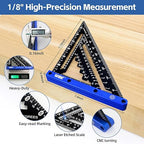 7inch Rafter Square with Carpenter Pencil, 1/8" Precision Heavy Duty Aluminum Woodworking Rule,Laser Etched Scale, Triangle-Ruler Measuring Layout Tool -Blue (Blue & Black)