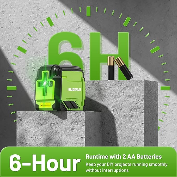 Laser Level, HUEPAR 98Ft Self Leveling Laser Level Green Line Laser Cross Line Laser Leveler Tool for Picture Hanging, Tile, Home Renovation, Indoor Project, Battery&Carrying Bag Includ with L-Bracket