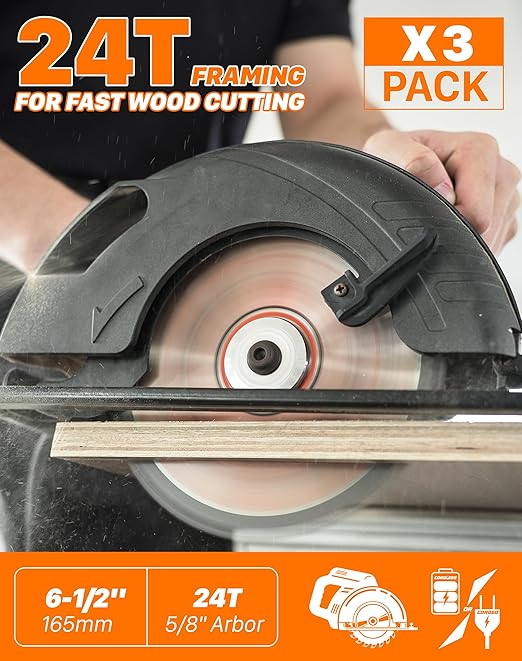 6-1/2 Inch Circular Saw Blade, 24T, 5/8" Arbor, ATB Carbide Teeth, 3-Pack, Fast Crosscutting for Softwood & Hardwood