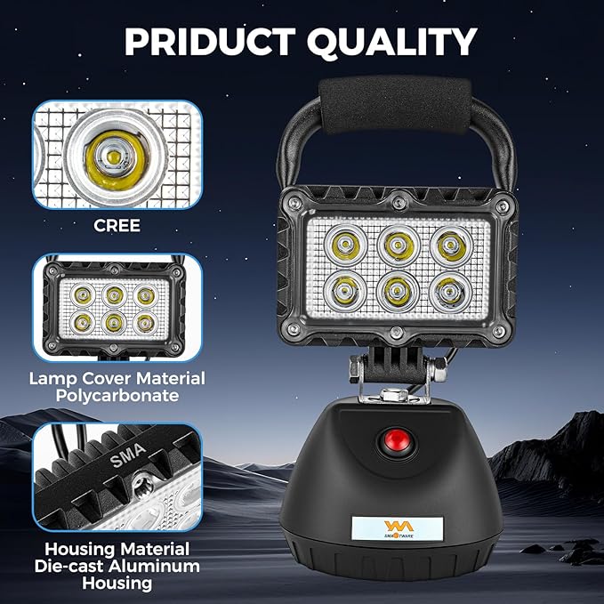 SMA LED 18W Work Light 2400LM Aluminum Alloy Strong Magnetic Waterproof Dustproof Portable Handle Floodlight Suitable for Repair Workshop Garage Construction Site (Black)
