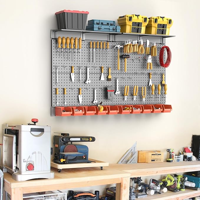 TORACK Metal Pegboard with Peg Board Hooks, Tools Storage Pegboard with Pegboard Hooks, Wall Mounted Storage Bins, Shelves, Tool Organizer Board with Pegs(Black)
