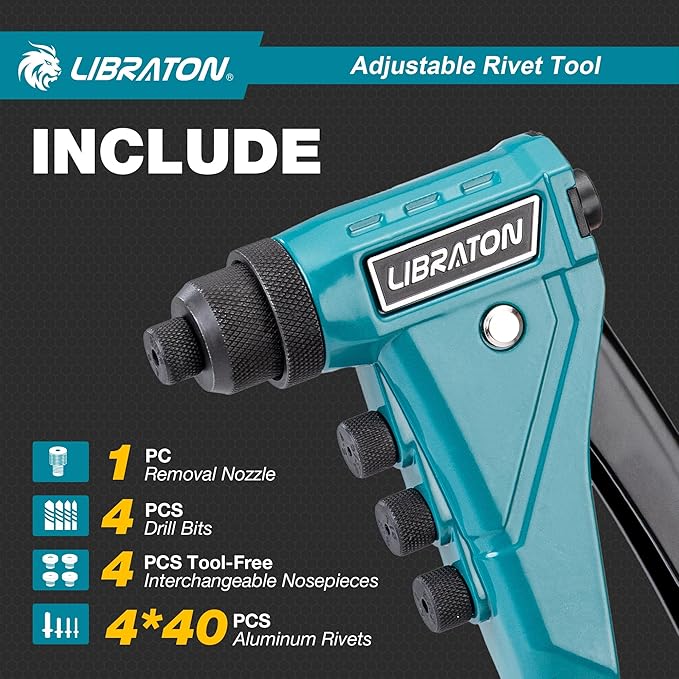 LIBRATON Heavy-Duty Rivet Gun, Pop Rivet Gun Set, Professional Hand Riveter, Manual Riveting Tool with 160 Aluminum Rivets, Includes 4 Drill Bits, 4 Tool-Free Interchangeable Nozzles, Storage Case