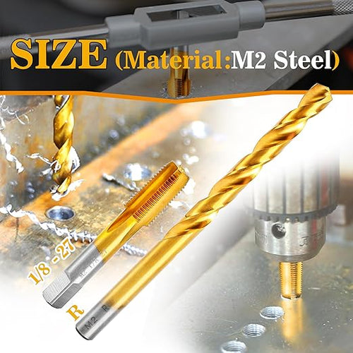 1/8-27 NPT Pipe Tap and R Drill Set,M2 HSS Hand Threading Plumbing Tap Set for Plumbers Mechanics DIY Thread Cutting Tools
