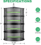 1.5ft Herb Drying Rack Net Mesh with Green Zippers Hydroponics, Bonus Hook Drying Rack for Plant Bud Seed, Mesh Hanging Plant Dry, Herb Dry Net for Garden (4 Layers, Green Zipper)