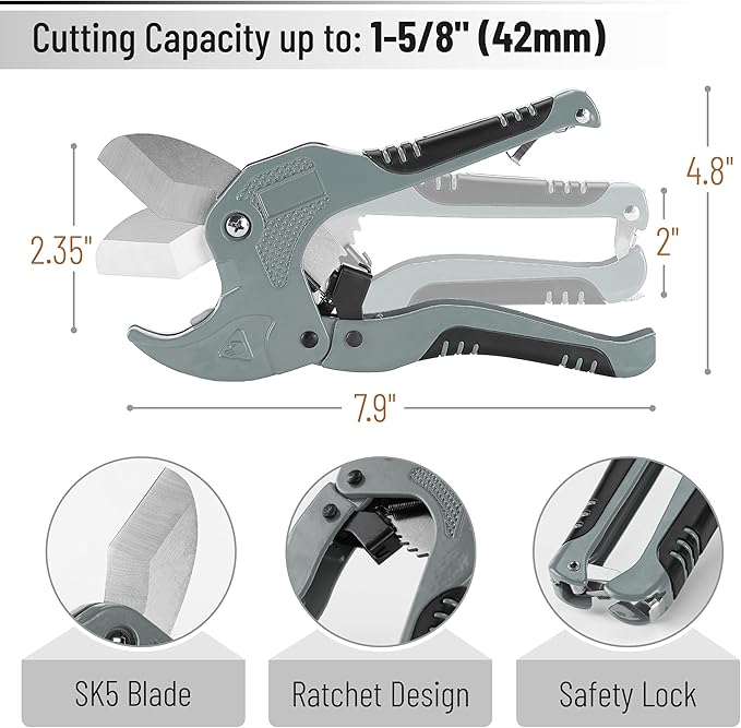 Bates- PVC Pipe Cutter, Cuts up to 1-5/8", Silver Ratcheting PVC Pipe Cutter Tool, Pipe Cutters PVC Pipe Shears, Plastic Pipe Cutter, PEX Pipe Cutter, PVC Cutter Tool, PVC Ratchet Cutter