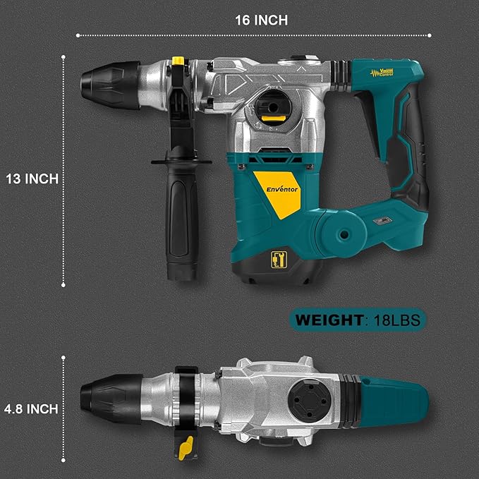 Enventor 1-1/4 Inch SDS-Plus 13A Heavy Duty Rotary Hammer Drill for Concrete Stone, Safety Clutch Electric Demolition Hammer Drill with 4 Functions, Vibration Control, Chisels, Drill Bits, Blue