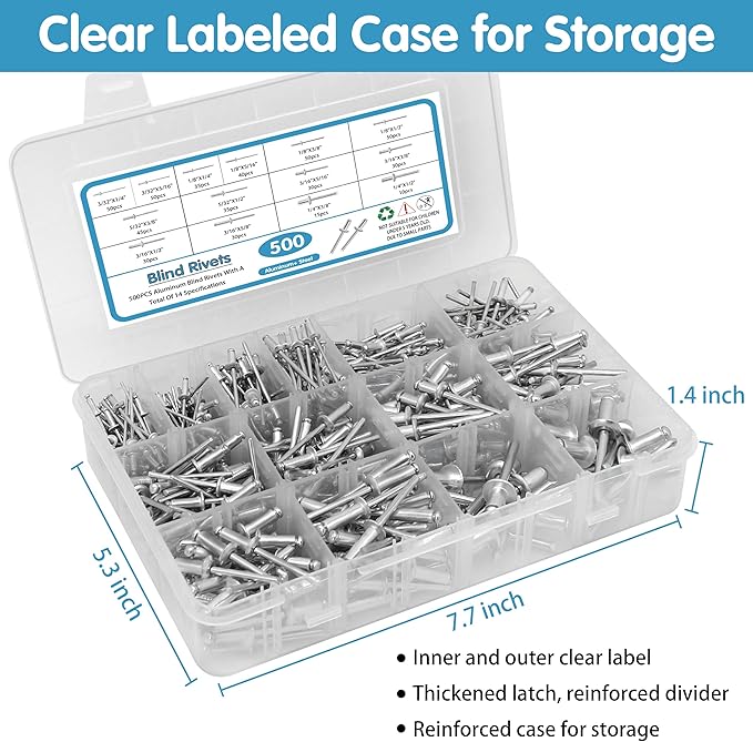 500pcs Pop Rivets Assortment Kit,14 SAE Sizes Aluminum Rivets (3/32" 1/8" 5/32" 3/16" 1/4"), Assorted Blind Rivets with Reinfored Divider & Labeled Case