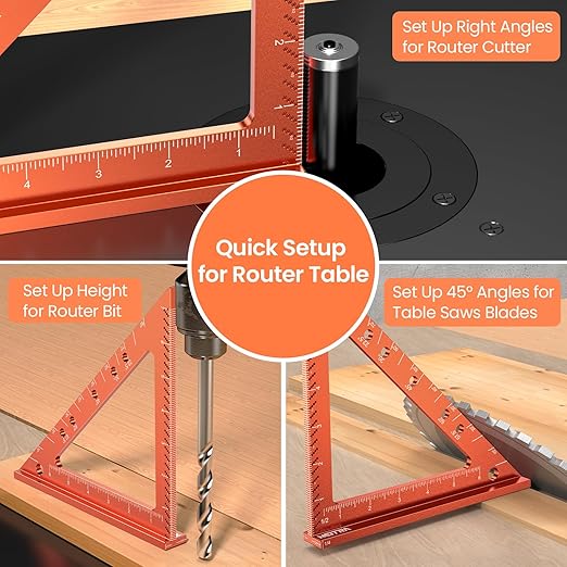 Neitra Square Ruler with Fixed Angle Pin, Accurate Compact Aluminum Alloy Squares with Laser Etched Markings for Carpenter Woodworking Furniture Projects (Orange, 7 Inch)