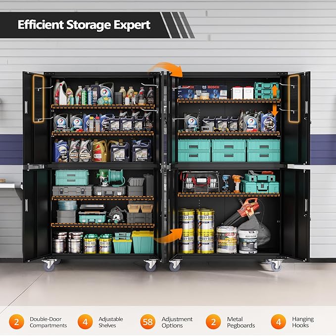 VINGLI Large Garage Storage Cabinet with 4 Doors, Upgraded Height & Wide & Deep, 43''W x 23''D x 75''H, Oversized Metal Storage Cabinet with Pegboards Wheels Locks and Adjustable Shelves (Black)