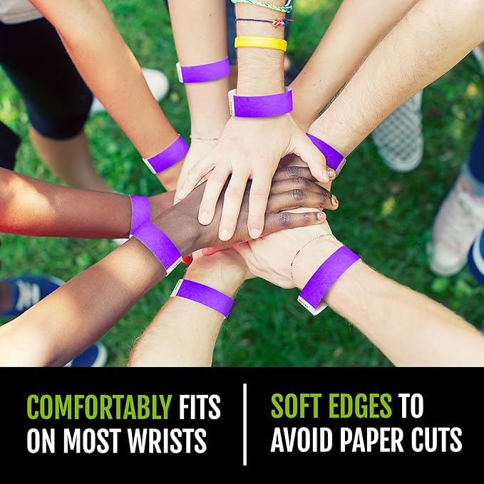 10,000 WristCo Purple Tyvek Wristbands for Events - ¾” x 10” - Waterproof Recyclable Comfortable Tear Resistant Paper Bracelets Wrist Bands for Concerts Festivals Admission Party Tours