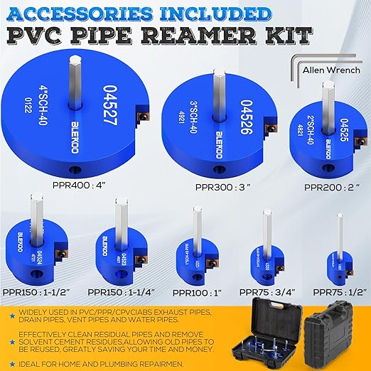 8PCS PVC Pipe Reamer Kit - SCH40 Aluminum Deburring Tool Kit (1/2" to 4") | Dual-Blade Technology | Deburring Tool for PVC & ABS Pipes | Fits Standard 1/2" Drills