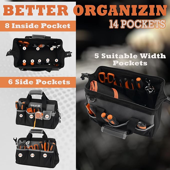 14-inch Tool Bag, Portable Tool Box Organizer Storage, Wide Mouth Tool Tote Bag with Large Zipper, 14-Pocket Adjustable Shoulder Strap and Ergonomic Handle (14" Standard Base)