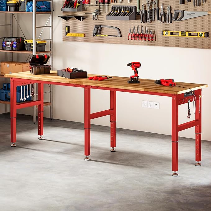 SPECRAFT 96" Red Adjustable Heavy Duty Workbench with 4 AC Outlet and 2 USB Ports Power Outlets, 5000 Lbs Capacity, Rubber Wood Top for Garage, Workshop, Office