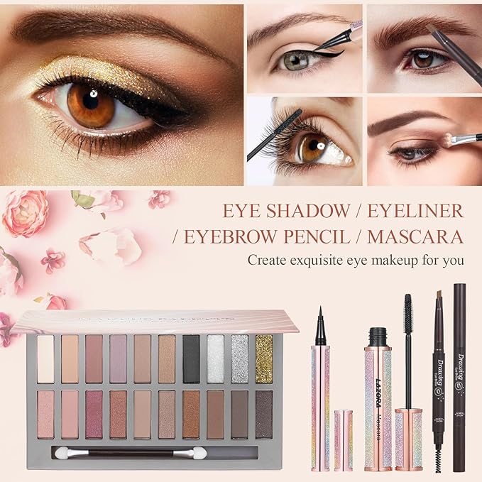 Makeup Kit Full Multi-Purpose Beauty Set Festive Gift Box - Highly Pigmented Palette Combination Lips Facial Brows Eye Makeup Brush for Essential Starter - Full Makeup Kit for Women-VeraVaultWomen