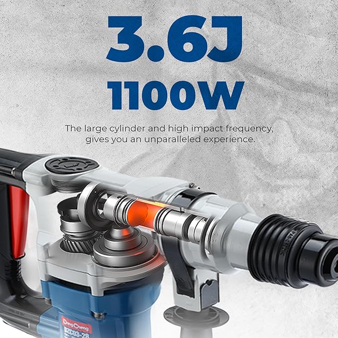Dong Cheng 1-1/8 Inch SDS-Plus Rotary Hammer Drill with Safety Clutch, 9.2 Amp Heavy Duty Corded Demolition Hammer for Concrete, 3.6 Joules, Including 3 Drill Bits, Flat Chisels and Point Chisels