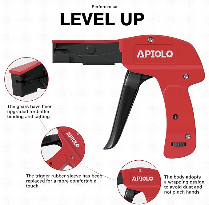 Zip Tie Gun, Cable Tie Gun with Cutting and Fastening, Adjustable Tension 1-3 Setting, Red, 6.29 Inches Length