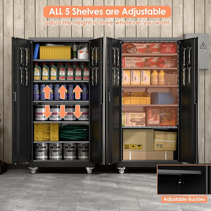 Aobabo 71" H×34" W×18" D Metal Storage Cabinet with Wheels, Locking Steel Storage Cabinet with 4 Hooks, 5 Shelves for Garage, Home Office, School, Assembly Required, Black