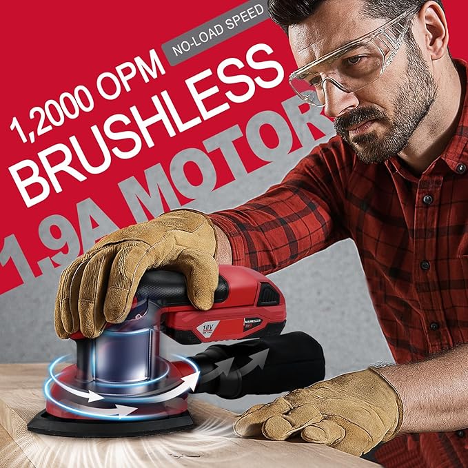 1.9Amp Cordless Detail Sander Compatible with Milwaukee 18v Battery, Dust Collector, Brushless 12,000 OPM Speed, Compact Soft Palm Grip, 10pcs Sanding Pads, 2.0Ah Charger & Battery Kit (Red)