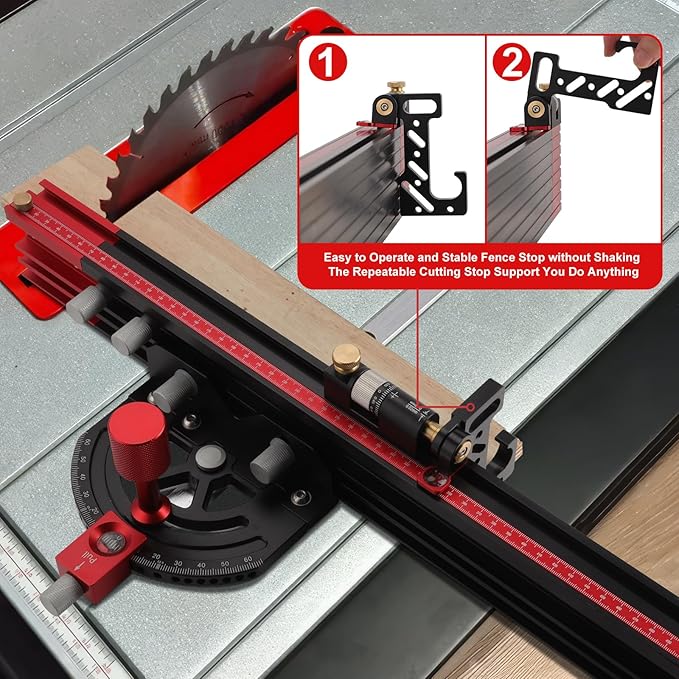 Table Saw Miter Gauge, Precision Miter Gauge with Fine Adjustable Limiter Flip Stop/Angle Stops/Extendable Fence, Fit Standard Slot 3/4" x 3/8", Aluminum Alloy Table Saw Miter Gauge Fence