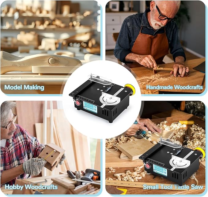 Mini Table Saw-96W Dual Motor 12MM Cut Depth, 0-90° Angle Adjustment 4 Blades Set & Compact for Wood Crafts, PCB, Acrylic DIY Hobby Saws