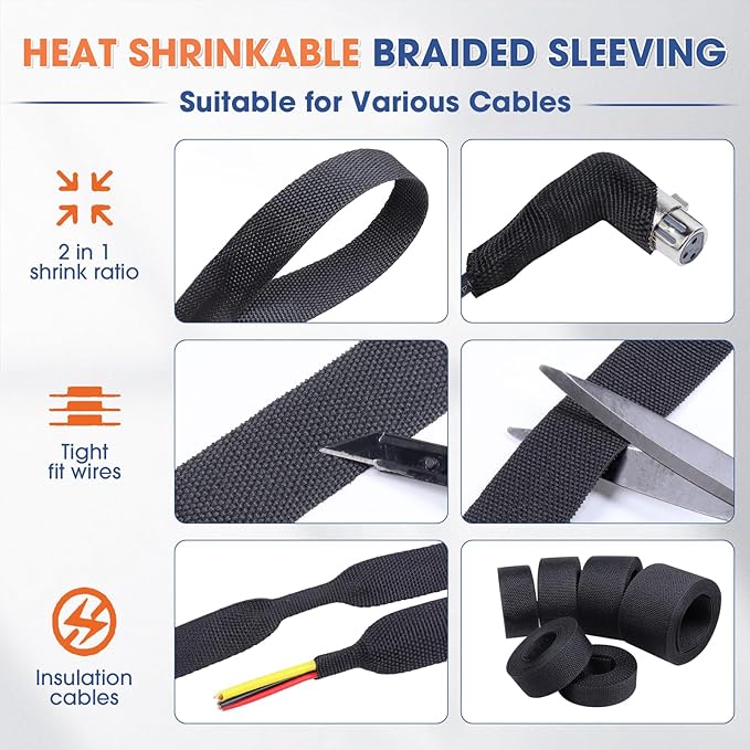 2:1 Heat shrinkable Braided Sleeving Fabric Wire Loom High Temp Heat Shrink Wiring Harness Abrasion Protector Cable Sleeve(1/2"-27ft)