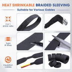 2:1 Heat shrinkable Braided Sleeving Fabric Wire Loom High Temp Heat Shrink Wiring Harness Abrasion Protector Cable Sleeve(1/2"-27ft)