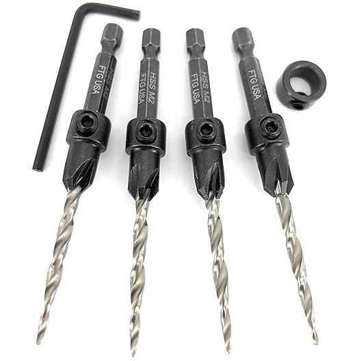 FTG USA Adjustable Wood Countersink Drill Bit Set 4 Pc #8 (11/64") with Tapered Drill Bit for Woodworking