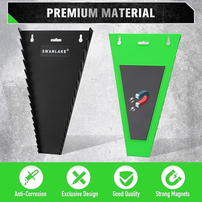 SWANLAKE GARDEN TOOLS Magnetic Wrench Organizer 2-Piece, 32-Slot Drawer Storage, SAE (1/4" to 1-1/16"), Metric (6mm to 24mm), Green and Black