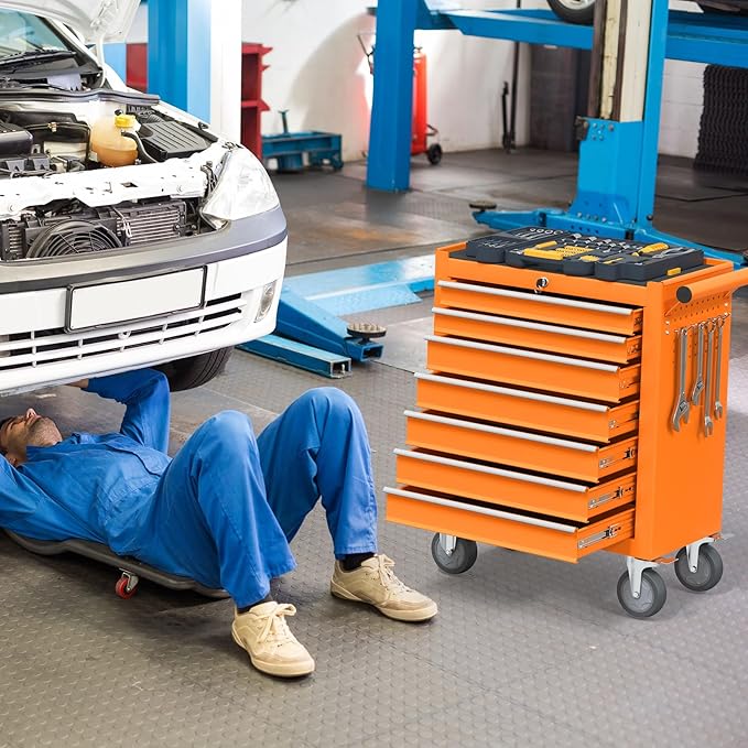 7 Drawers Rolling Tool Chest, Large Capacity Metal Tool Box with Wheels and Drawers, Tool Storage Cabinet with Keyed Locking, Tool Organizer Box for Garage, Workshop, Warehouse, Orange
