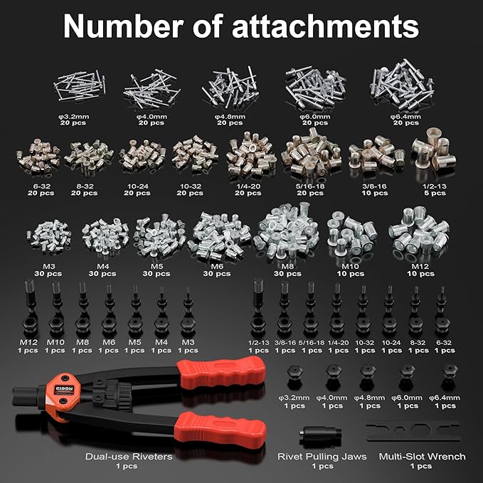 Dual-Function Rivet Nut Tool Rivet Gun Kit Including 405 pcs Rivet Nuts Blind Rivets 15 Mandrels 5 Rivet Nozzles, Multi-Purpose