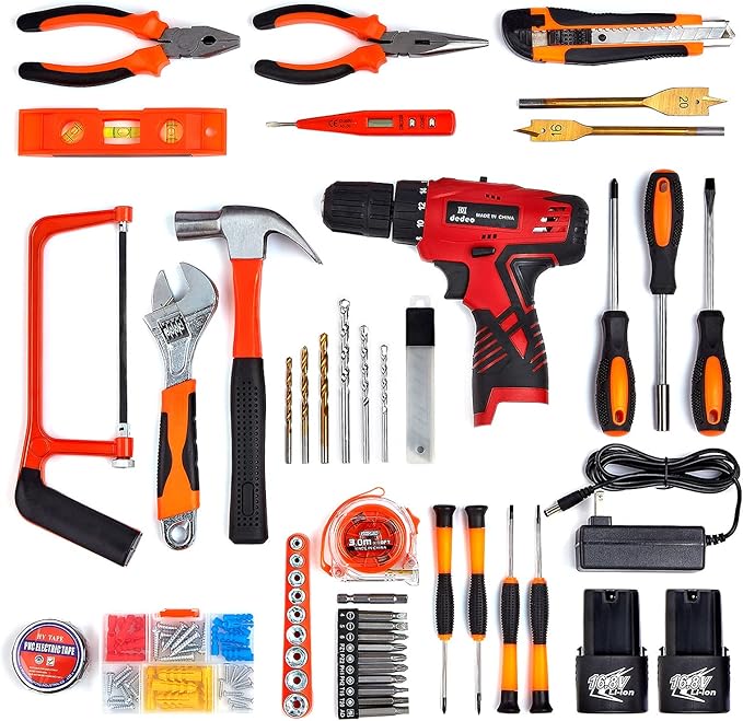 Tool Set with Drill, 108Pcs Cordless Drill Household Power Tools Set with 16.8V Lithium Driver Claw Hammer Wrenches Pliers DIY Accessories Tool Kit