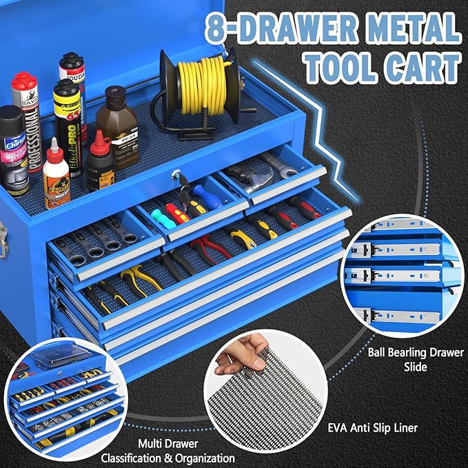 8 Drawer High Capacity Rolling Tool Chest, Metal Tool Box with Wheels and Drawers, Detachable Toolbox with Lock, Heavy Duty Tool Cabinet for Workshop, Warehouse and Garage (Blue)
