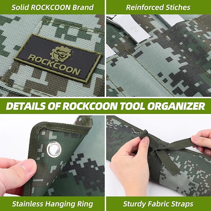 16 Pocket Wrench Roll Organizer, Rolled Tool Pouch Bag with Water Proof Oxford Cloth, Dark Camouflage