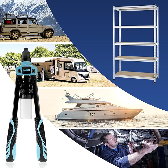 Meiwaltee 13" Rivet Gun, 1/4 Pop Rivet Gun with 100 Pcs Rivets, Manual Hand Heavy Duty Riveter with 5 Nosepieces for Plastic Metal,Aluminum, Plastic, Tube Stock,Gutter & Automotive.