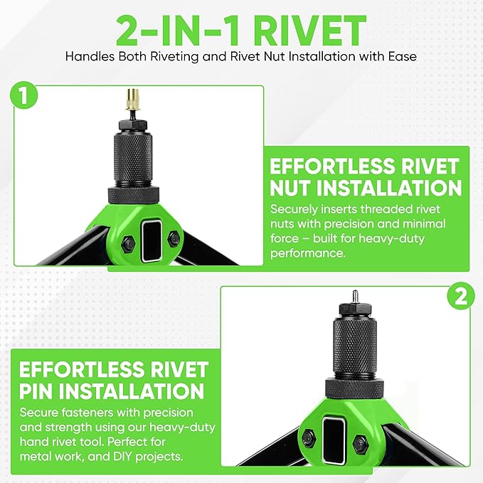 Dual Function Hand Rivet Gun with Rugged Carrying Case – Heavy Duty Single Hand Riveter with 400+ pcs Rivet Nuts, 15 Mandrels, 5 Rivet Nozzles, Blind Rivets for Plastic, Wood, Metal, Leather