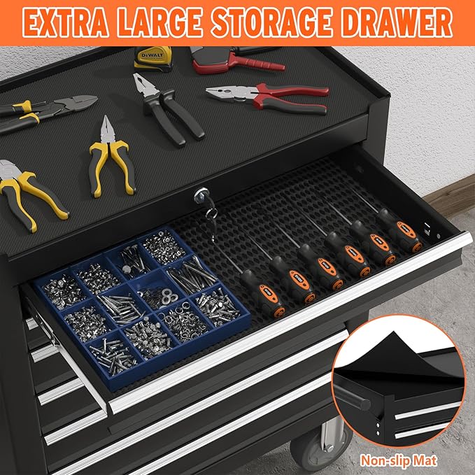 7-Drawer Rolling Tool Chest with Wheels, Metal Tool Box, Large Capacity Tool Storage Cabinet with Keyed Locking, Tool Organizer Box for Garage, Workshop, Warehouse (Black)