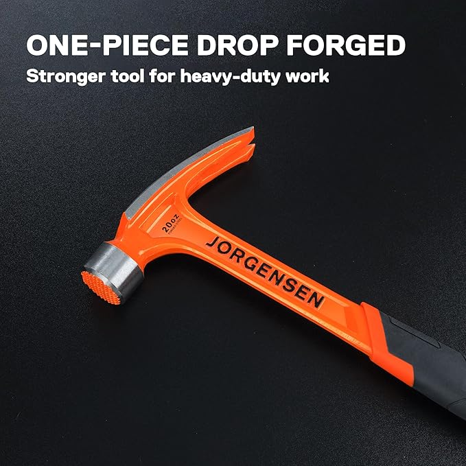 Jorgensen 20 oz Straight Claw Hammer with Magnetic Nail Holder, Rip Claw Hammer with Milled Face & Shock Absorbing Grip, Heavy Duty One-piece Forged Hammer