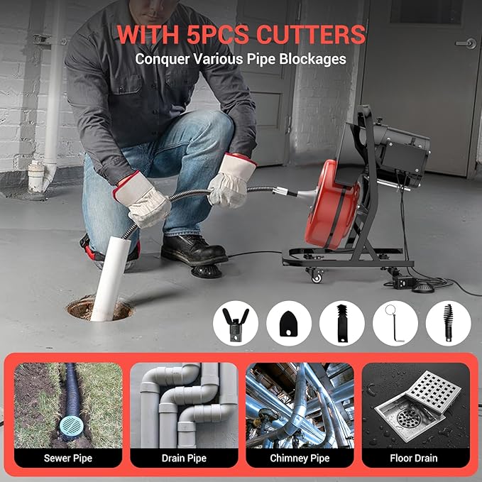50FTx1/2 Inch Drain Cleaner Machine with Wheels, Sewer Snake Electric Drain for 2" to 4" Pipes, Plumbing Snake Auger Cleaner with 6 Cutter & Foot Switch for Sewer, Sink, Toilet, Bathroom