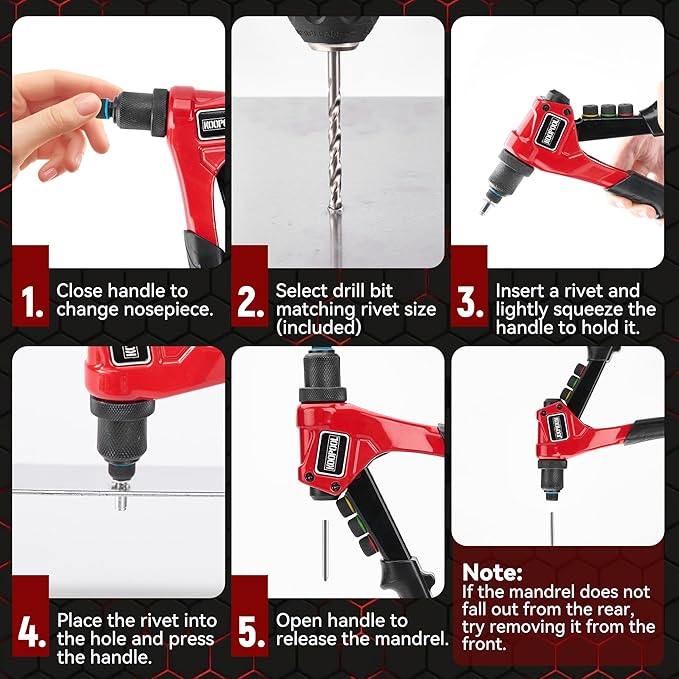 Rivet Gun Kit, Manual Pop Rivet Tool with 200 Rivets and 4 Drill Bits, 4 Tool-Free Interchangeable Rivet Heads, Heavy-Duty Hand Riveter with Sturdy Case for Metal, Plastic, Leather