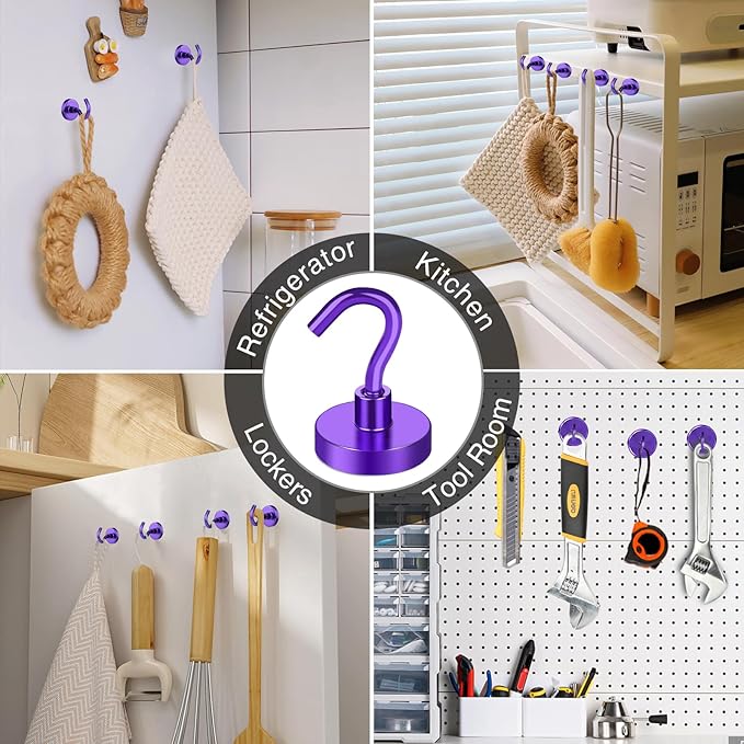 MIKEDE Magnetic Hooks, 40Lbs+ Heavy Duty Magnet Hooks for Cruise Cabins, Super Neodymium Hanging Hooks Strong Magnets with Hook for Fridge, Magnetic Hanger for Grill, Toolbox, Storage(Purple, 10 Pack)