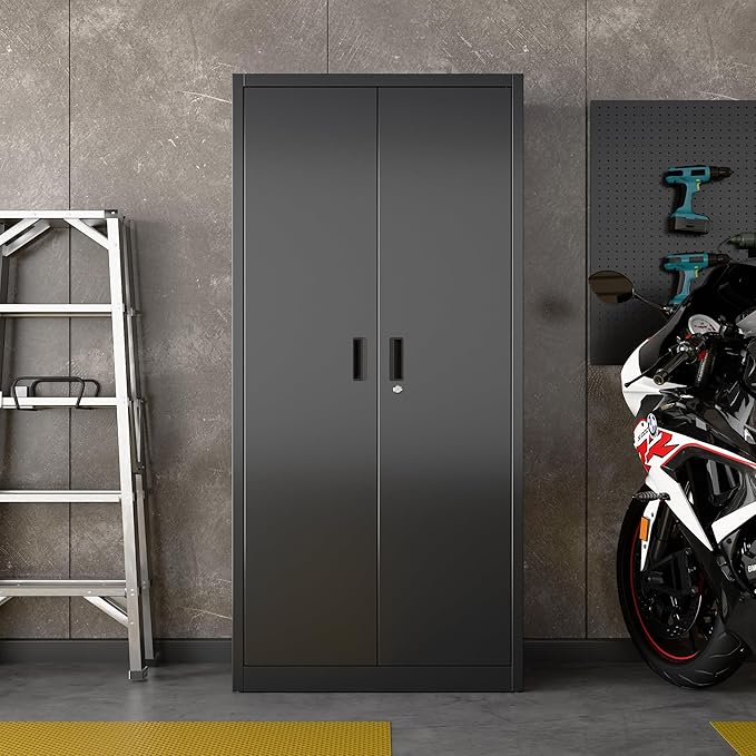 Metal Storage Cabinet with Pegboard 71'' x 34'' x 18'',Lockable Steel Storage Cabinet with 5 Adjustable Shelves and Door for Garage, Office, Kitchen, Assembly Required(Black)