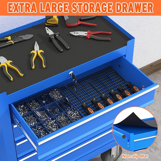 5 Drawers Rolling Tool Chest, Large Capacity Metal Tool Box with Wheels and Drawers, Tool Storage Cabinet with Keyed Locking, Tool Organizer Box for Garage, Workshop, Warehouse (Blue)