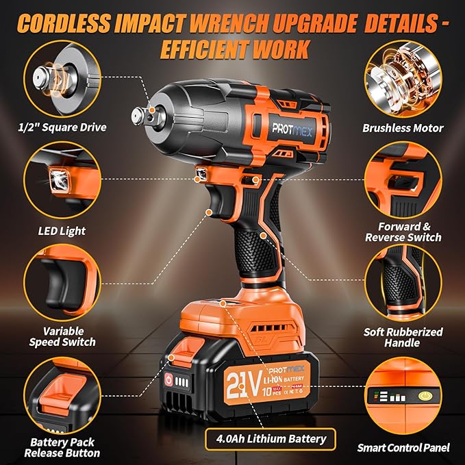 Cordless Impact Wrench, 900Ft-lbs (1200N.m) 1/2" Brushless Impact Gun, 21V High Torque Power Impact Driver, 2x4.0Ah Batteries Electric Impact Motor Variable Speeds for Family Car/Pickup Truck/Mower