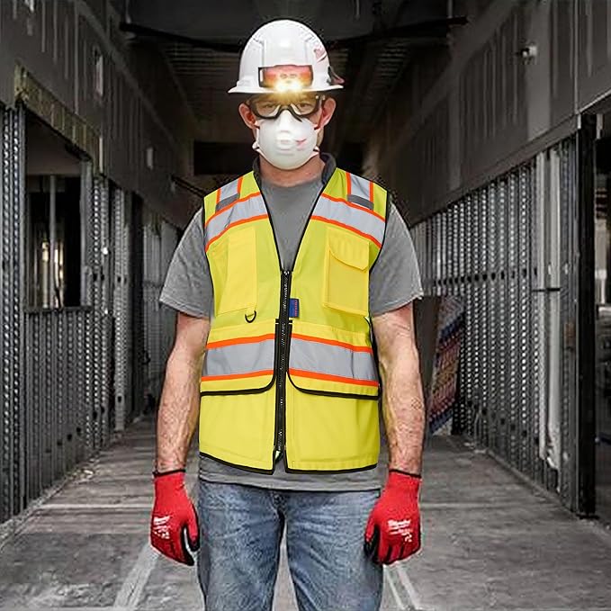 A-SAFETY High Vis Reflective Safety Vest for Men Women Zipper Ipad Pockets Mesh Construction Apparel Neon Vest for Work