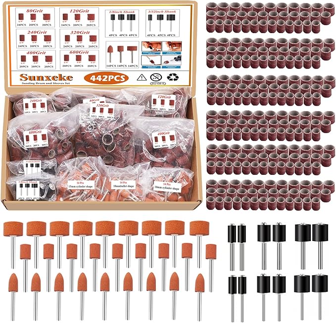 442 Pieces Sanding Drums Kit for Dremel Rotary Tool,Drum Sander Sleeves 376pcs (80 120 240 320 400 600Grit),24Pcs Drum Mandrels and 42 Sanding Bits,Sanding Bits Tool Accessories with Box