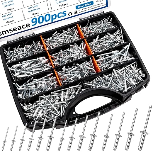 smseace 900Pcs Pop Rivets Assortment Kit Packed in Handheld Box 14-Sizes (3/32 inch1/8 inch5/32 inch3/16 inch1/4 inch) Assorted Blind Rivets for Metal,Furniture,Automotive,Instrument