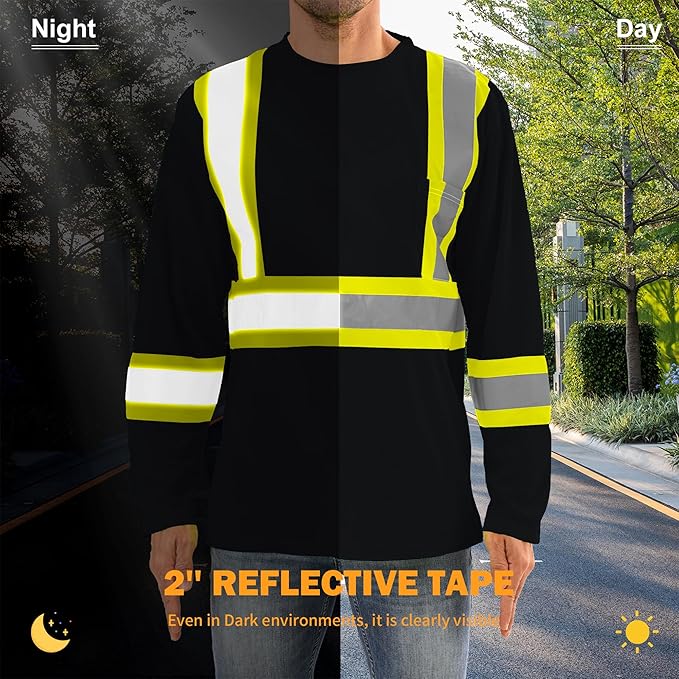 Hi Vis Safety Long Sleeve Shirts，High Visibility Class 3 T Shirts with Reflective Strips and Pocket, Quick Dry Mesh Construction Work Shirt for Men/Women (Black,Small)