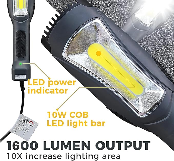 Portable Corded LED Work Light with Outlet in Handle, COB LED, 1600 Lumen 15ft 116AWG 3C SJTW Cord Handheld Outdoor Work Light, Magnetic on Back