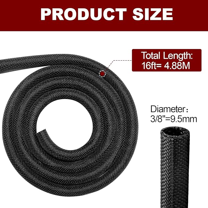 Automotive Wire Loom High Temperature Braided Wire Loom, Split-Sleeve Heat Resistant Wiring Loom Cord Cover for Harness Wires, Self-Wrapping Heavy Duty Sheathing Cable Management Black（16ft-3/8inch ）