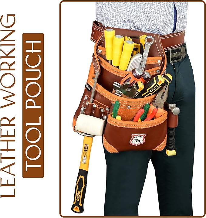Leather Tool Belt 8 Pockets Leather Tool Pouch | Carpenters Tool Belts For Men Construction Tools Apron Tool Bag Organizer Utility Pouches (Maroon, Standard)